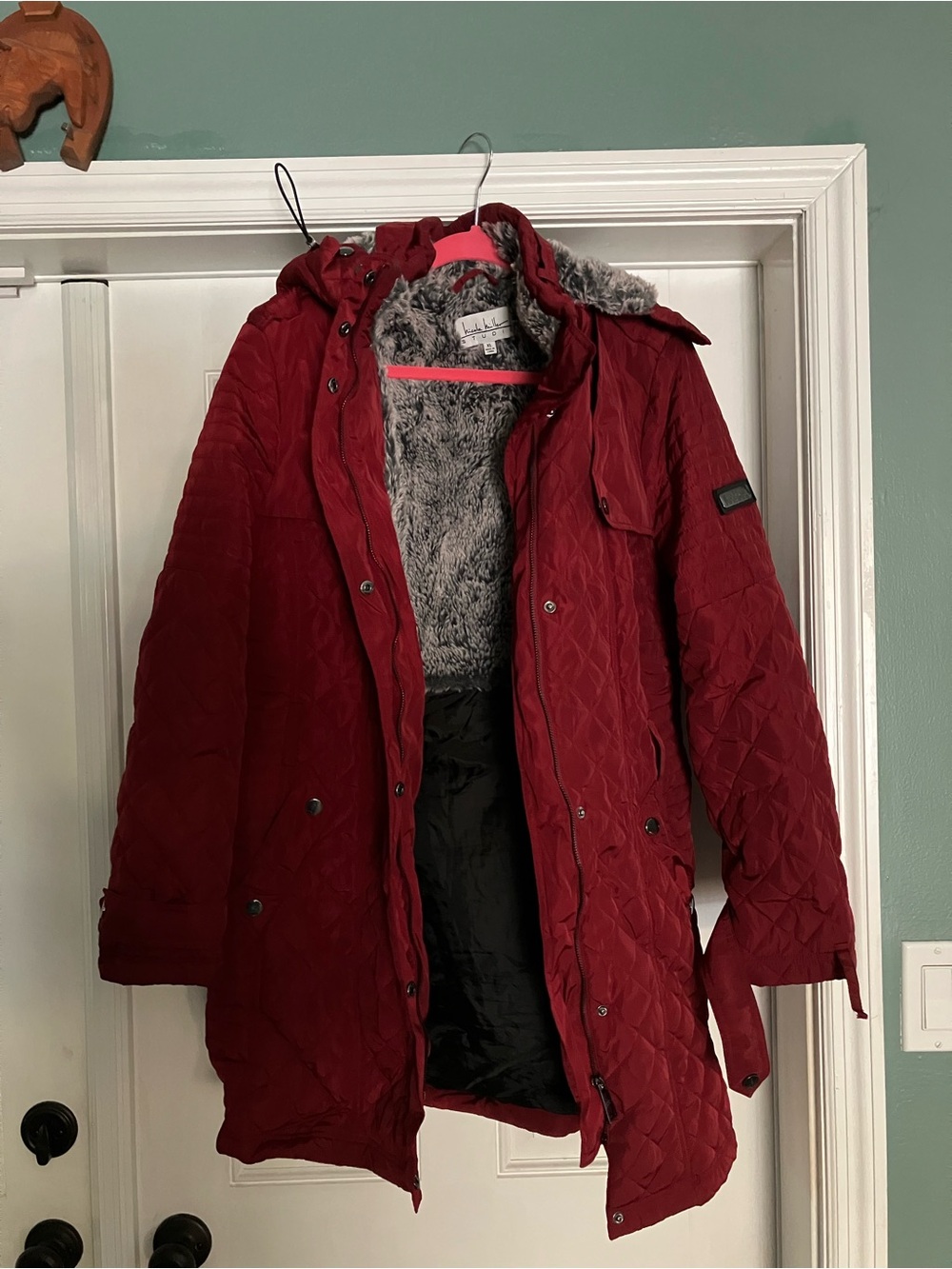 Nicole Miller Quilted Red Puffer Coat with Faux Fur Lining